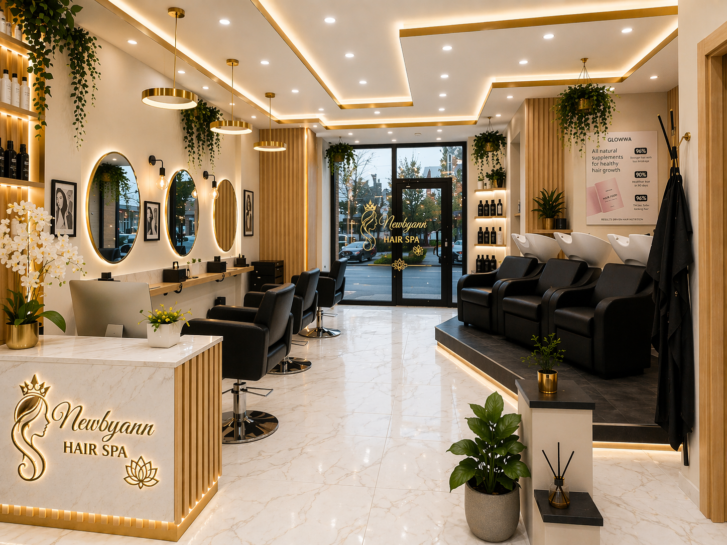 Newbyaan Hair Spa interior — styling chairs, mirrors and warm bronze accents