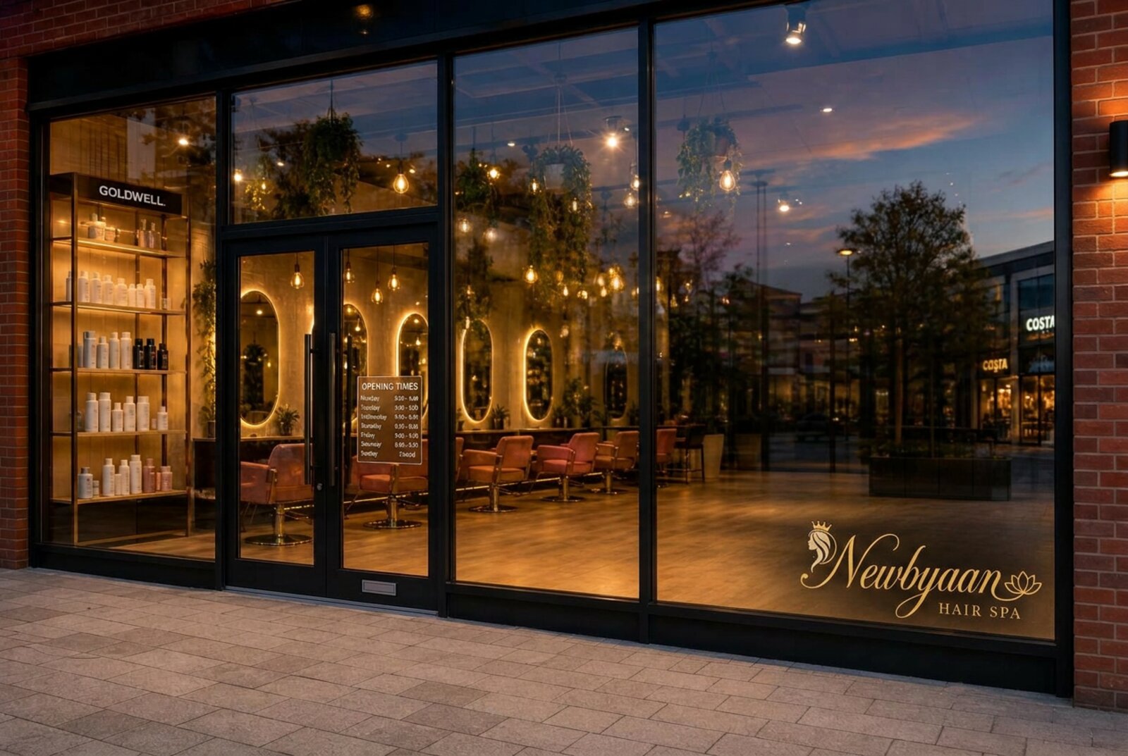Newbyaan Hair Spa storefront in Milton Keynes — black signage and warm window lighting at dusk